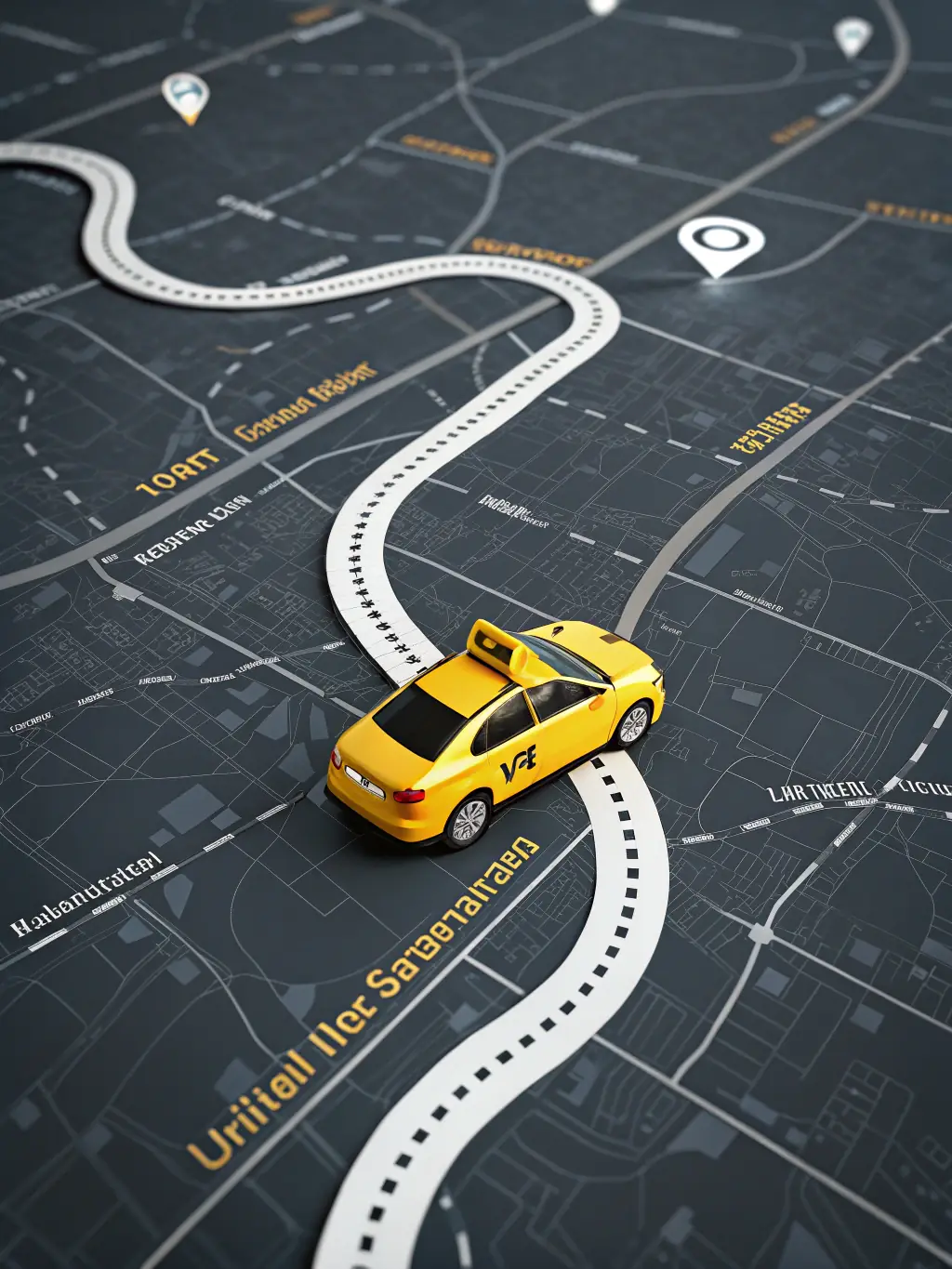 A graphic showing a GPS tracking system with a taxi icon moving smoothly along a route, highlighting reliability for Fast Lane Dispatch.
