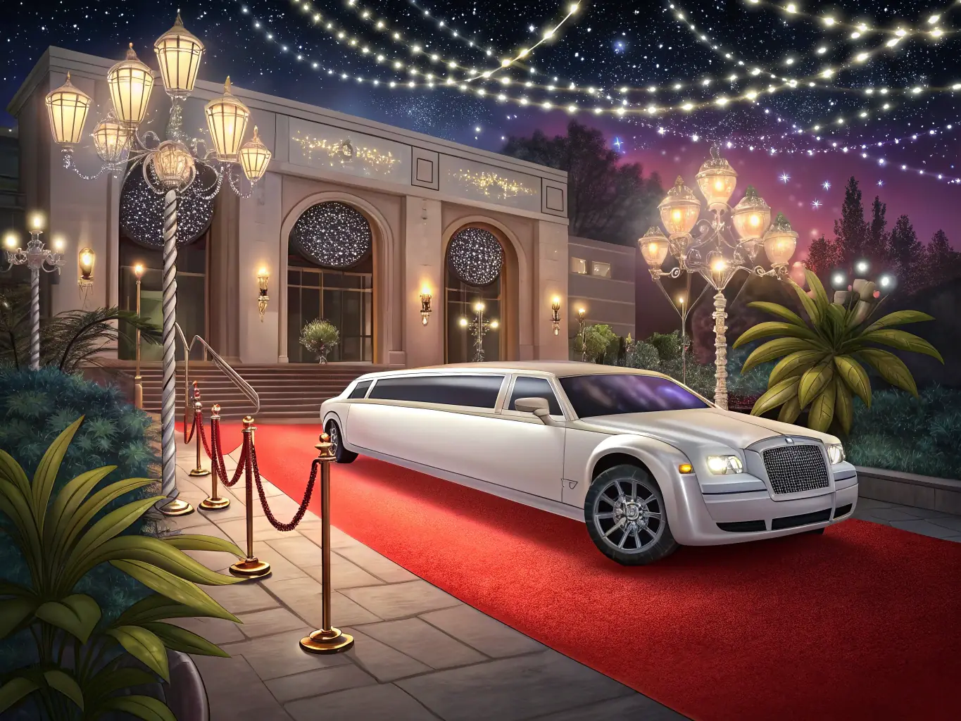 A luxurious limousine parked outside a high-end venue, ready for passengers, highlighting the elegance and comfort of Fast Lane Dispatch's limousine services.
