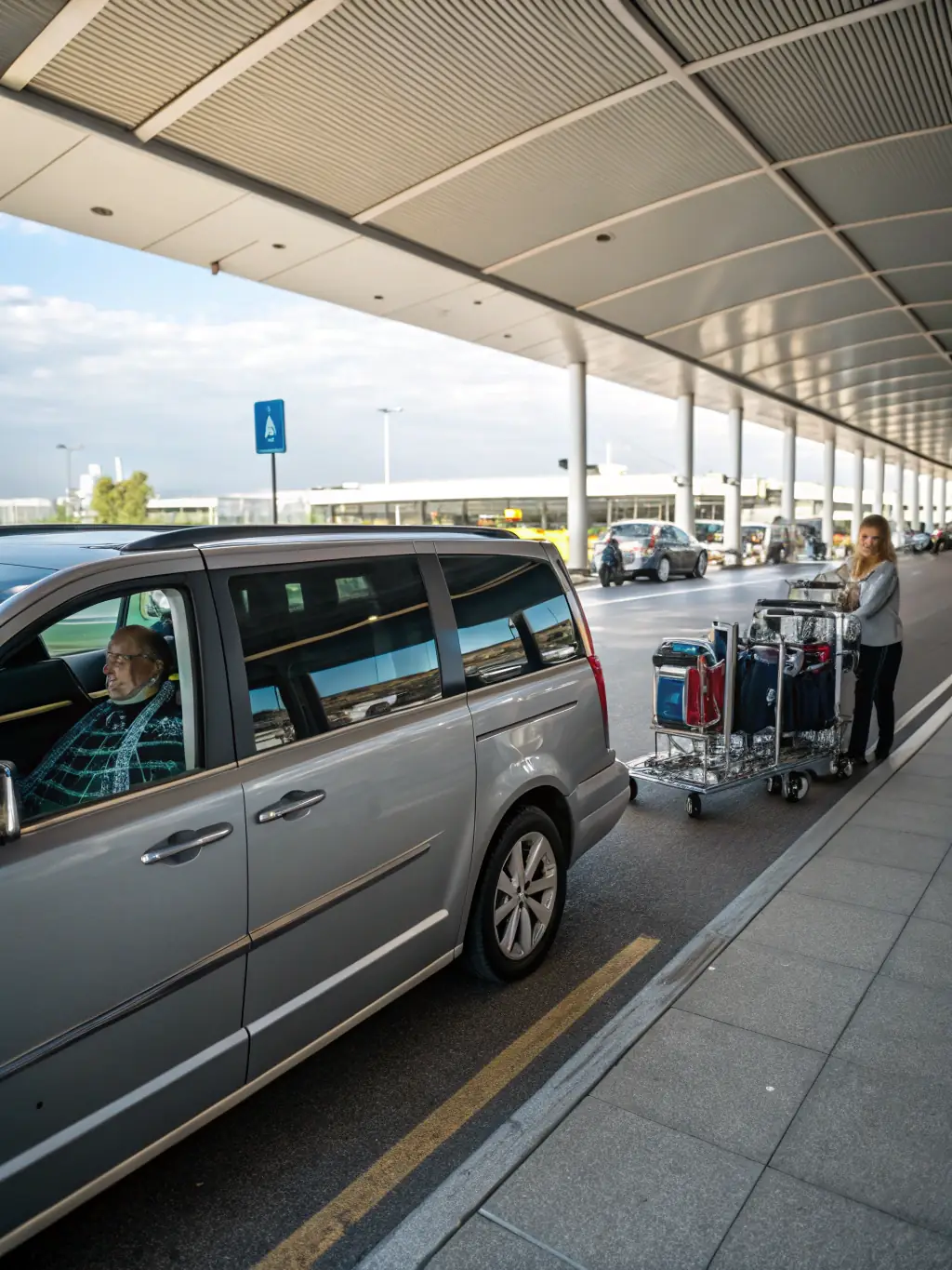 A photo of a spacious and clean Fast Lane Dispatch minivan, ideal for group transportation, parked at an airport.