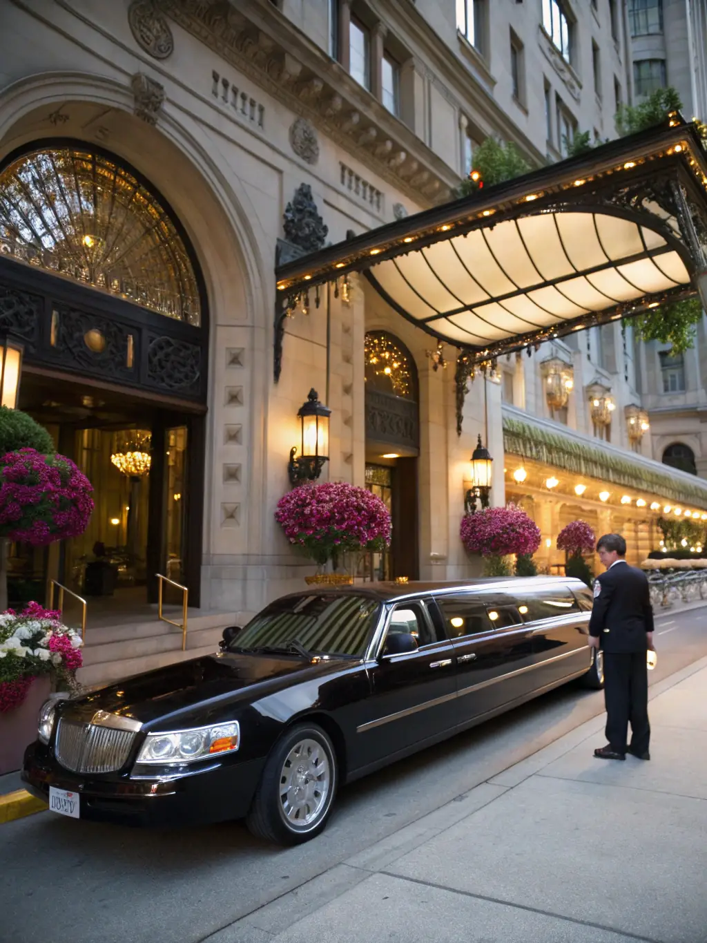 A luxurious black limousine with tinted windows parked in front of a high-end hotel, representing Fast Lane Dispatch's premium service.